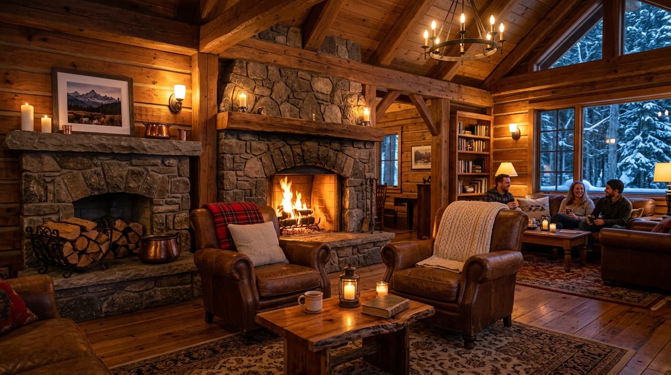 Cozy stone fireplace and hearth at Otterbein Retreat House